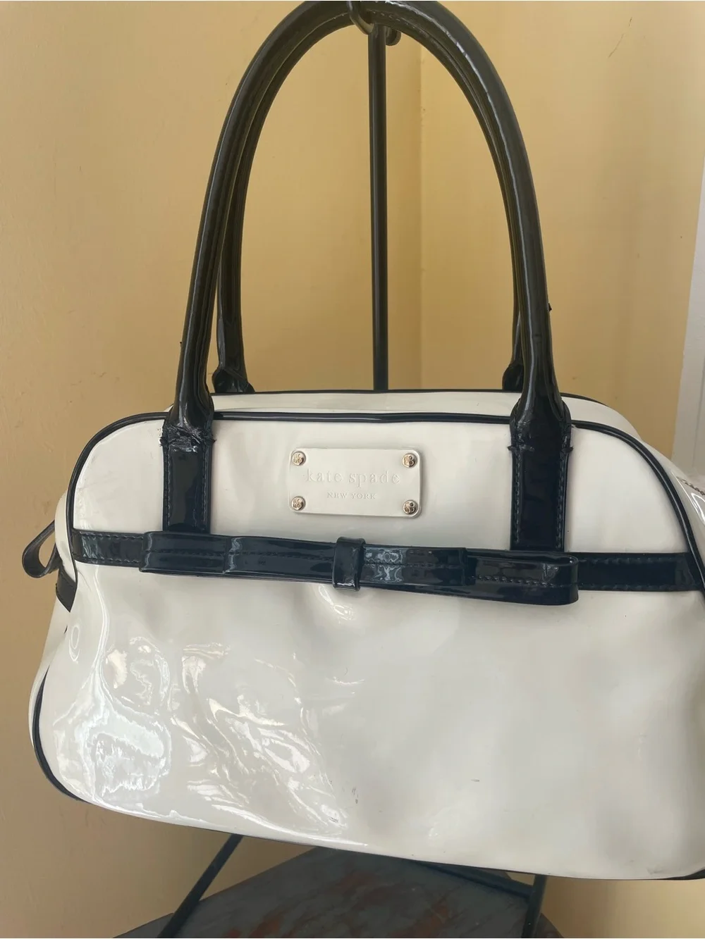 kate spade White and Black Patent Satchel with Bow Trim
